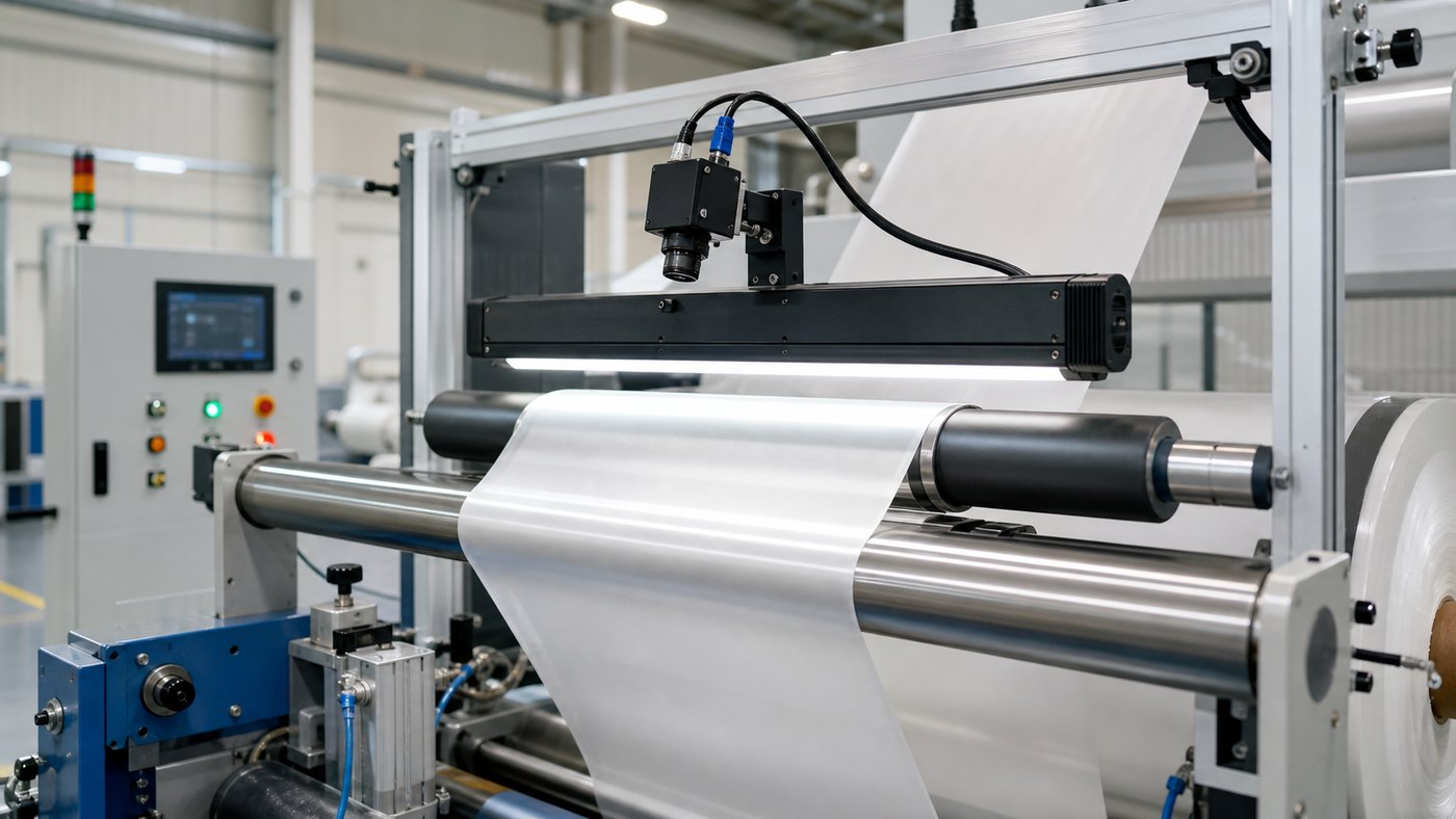 Machine vision camera inspecting a roll-to-roll web handling line