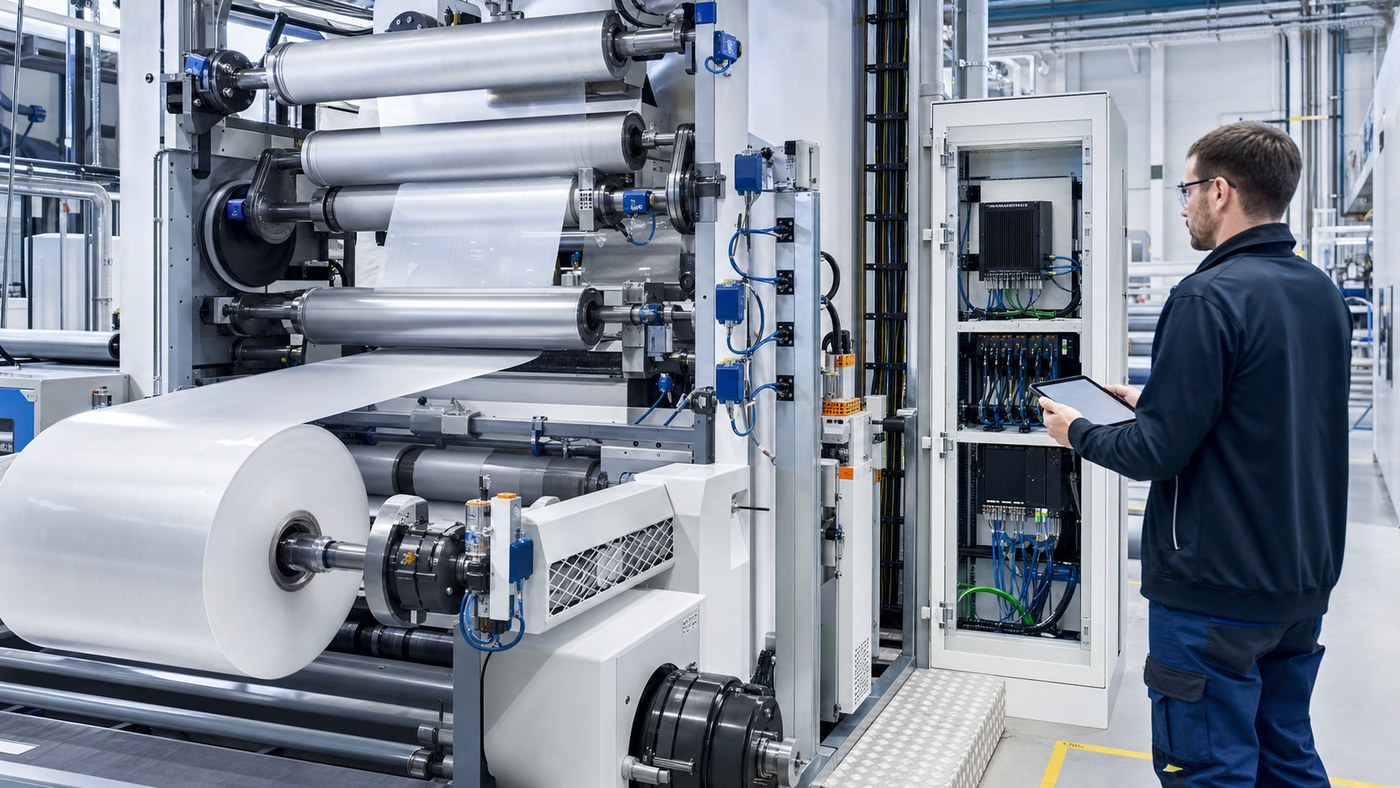 Engineer monitoring predictive maintenance data beside a roll-to-roll line