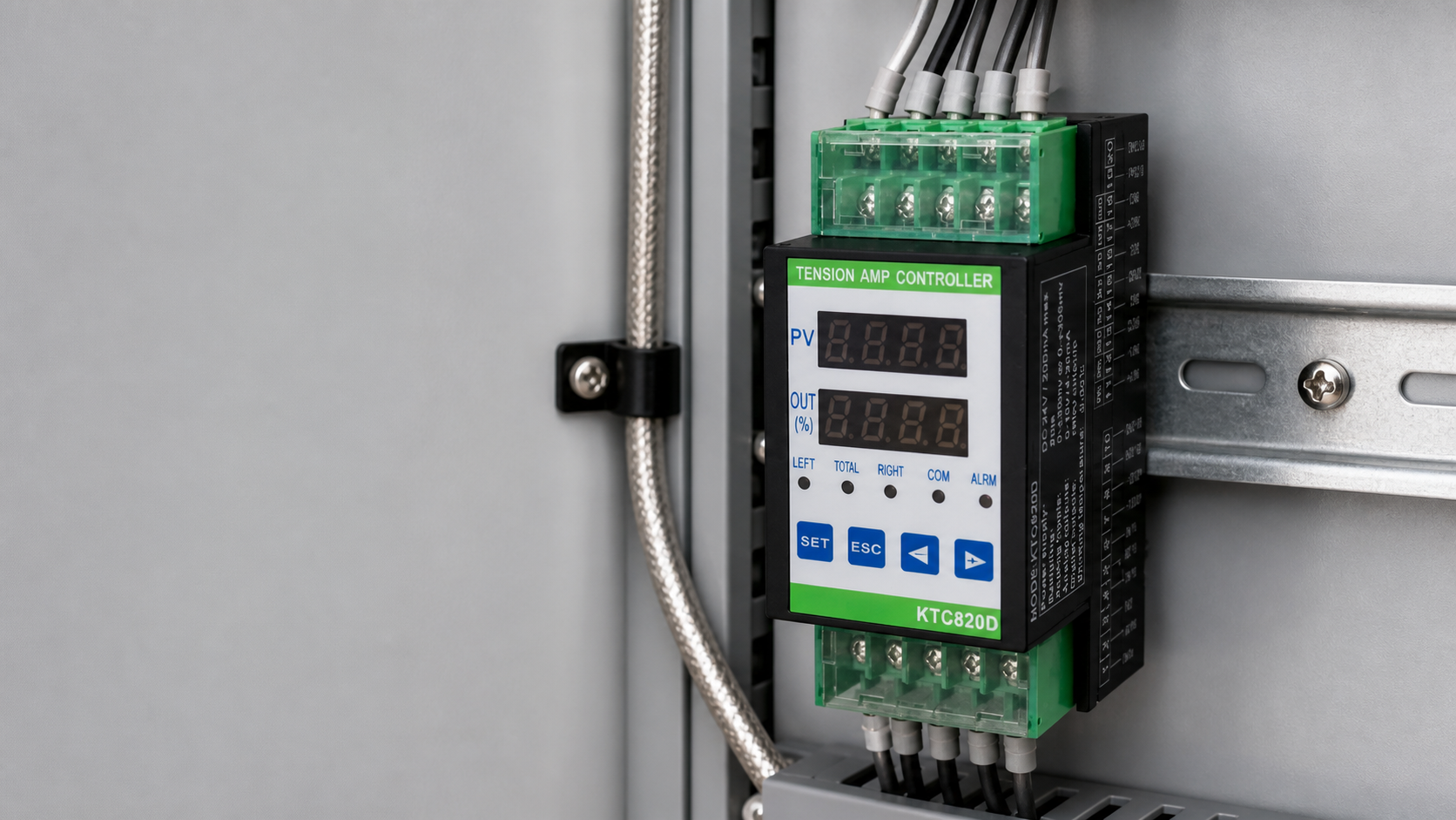 Editorial illustration of a DIN-rail tension signal amplifier in an industrial control cabinet