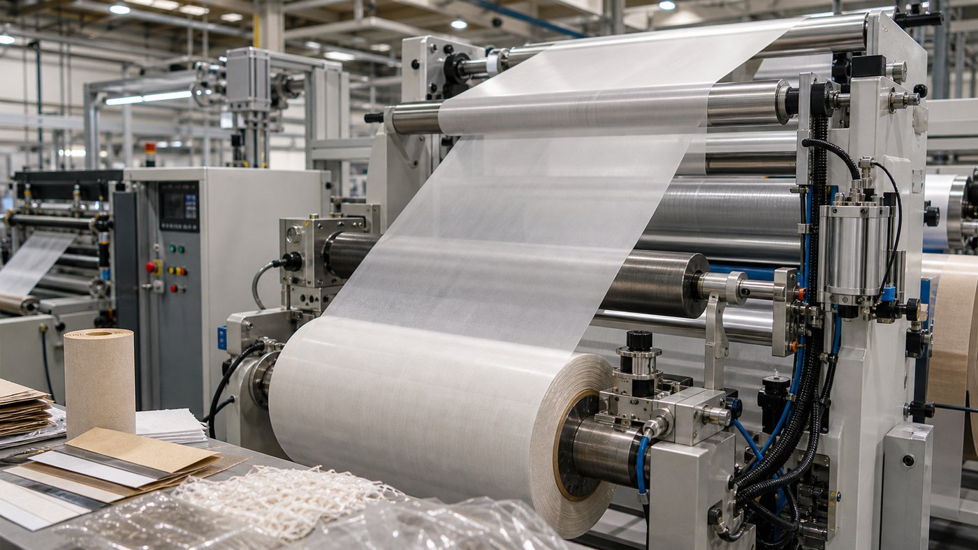 Sustainable packaging web handling line with recyclable film and paper material samples
