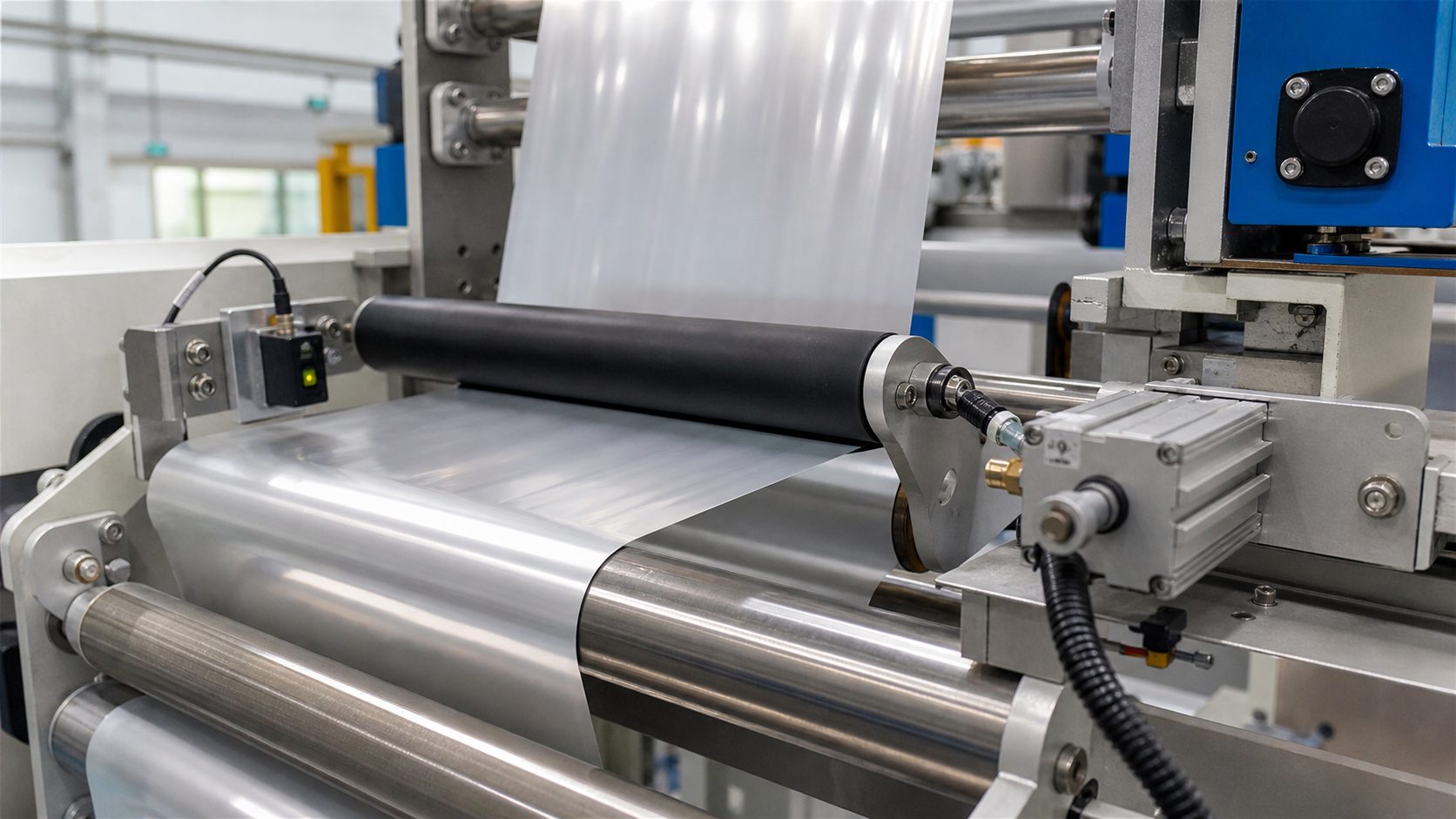 Industrial web guiding mechanism correcting a moving film web across guide rollers