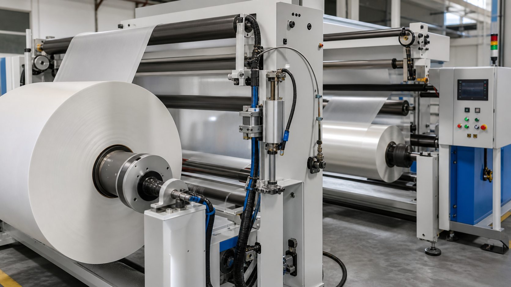 Roll-to-roll converting line with an unwind roll, measuring rollers and tension control equipment