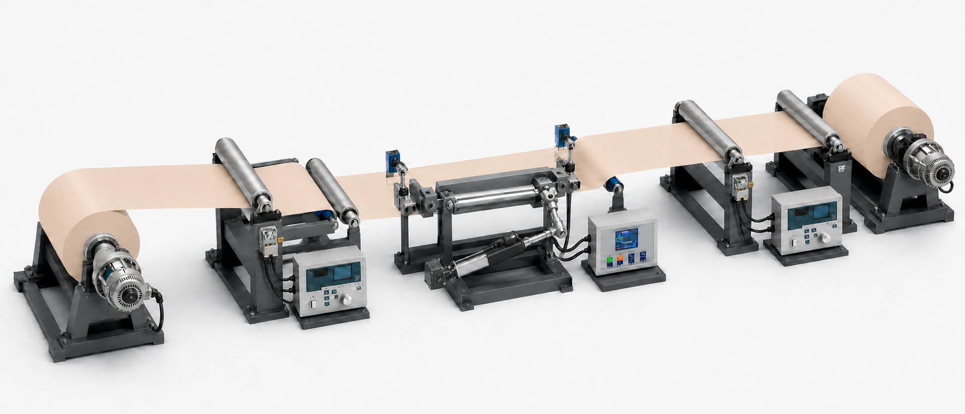 Complete roll-to-roll production line with tension control and web guiding